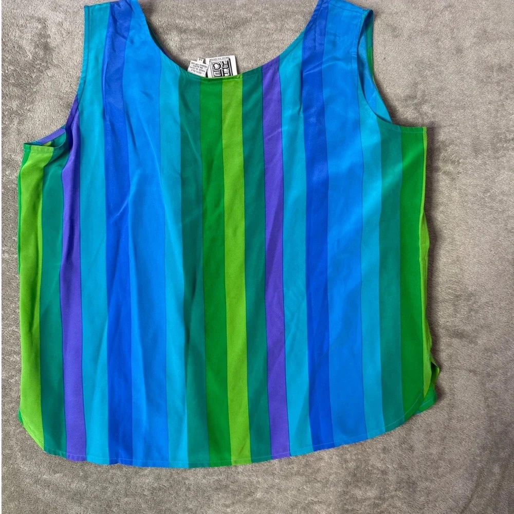 VTG 80s 90s Colorful Colorblock Striped Silk Tank Top Size 14 Dopamine Casual - Picture 9 of 11